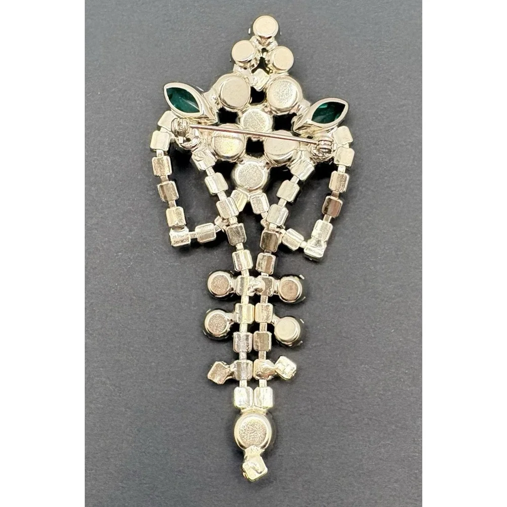 Vintage‎ Blue & Green Crystal Dangle Tassel Brooch Silver Tone Art Deco Style